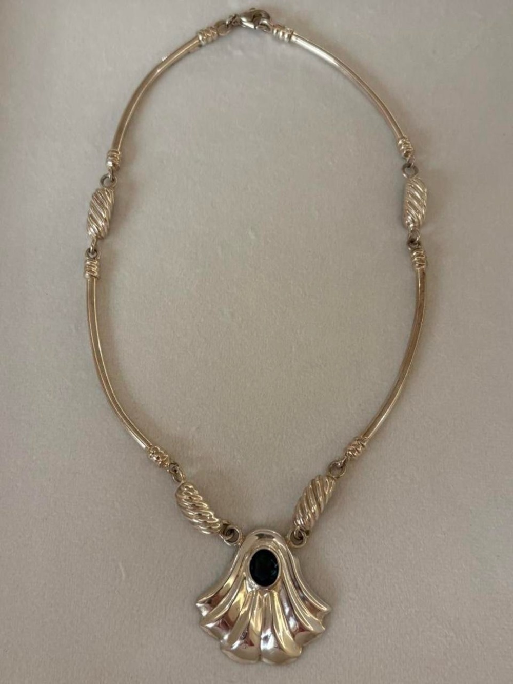 Vintage 925 Sterling Silver Statement Pendant Necklace with Blue Gem Length 17”